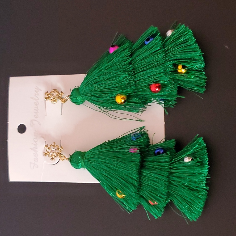 Pierced Christmas Tree Tassel Earrings - Picture 2 of 3